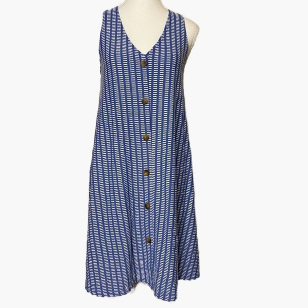 Caution To The Wind Blue and White Sleeveless Dress with Buttons